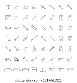 Hand drawn set of construction tools doodle Different working and building tools in sketch style. Saw, hammer, wrench, screw, drill. Vector illustration isolated on white background.