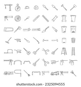 Hand drawn set of construction tools doodle Different working and building tools in sketch style. Saw, hammer, wrench, screw, drill. Vector illustration isolated on white background.