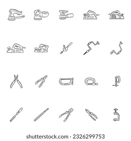 Hand drawn set of construction tools doodle Different working and building tools in sketch style. Saw, hammer, wrench, screw, drill. Vector illustration isolated on white background.