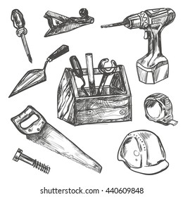 Hand drawn Set of Construction tools. Isolated vector illustration for identity, design, decoration, packages product and interior decoration