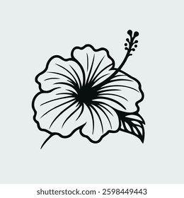 Hand drawn set of contour spring flowers hibiscus, line art floral drawing, leaves drawing, black and white botanical illustration Chinese rose, decorative elements of plants stylized