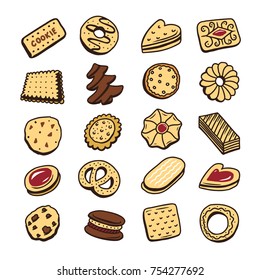 Hand drawn set of cookies biscuits desserts. Line art collection of food design elements. Vector illustration.