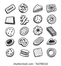 Hand drawn set of cookies biscuits desserts. Line art collection of food design elements. Vector illustration.