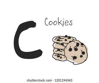 Hand drawn set of Cookies and letter. Vector artistic drawing food and alphabet. Help illustration for Language Teaching