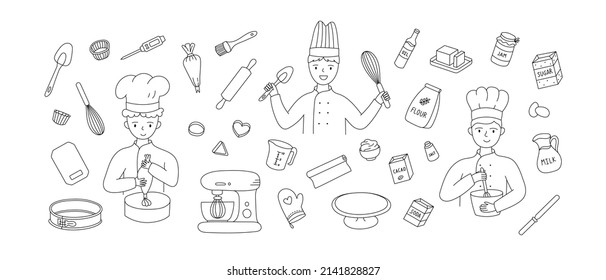 Hand drawn set of cooking Kitchenware with people cheif. Doodle sketch style. Bakery elements. Illustration for icon, menu, recipe design.