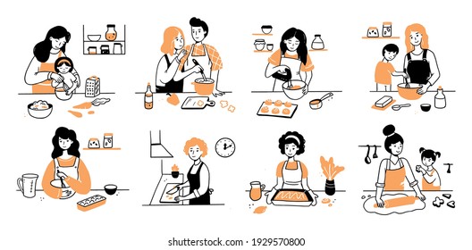 Hand drawn set of cooking people character. Smiling young woman, mom with child, couple cook together. Doodle sketch style illustration. Concept of home prepare dish, dinner on the kitchen.