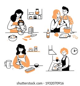 Hand drawn set of cooking people character. Smiling young woman, mom with child, couple cook together. Doodle sketch style illustration. Concept of home prepare dish, dinner on the kitchen.