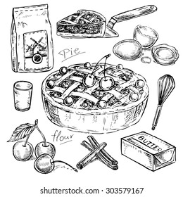 "hand drawn set cooking pie" for design