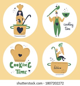 Hand drawn set of cooking stickers. Cartoons for cooking classes or kitchen design. Flat illustration.