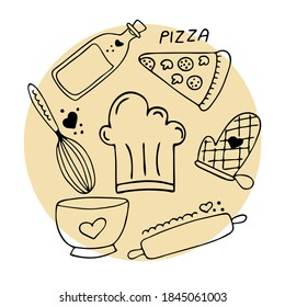 Conjunto de utensilios de cocina, pizza, hornear. Ilustración plana.