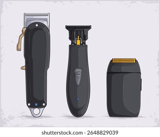 Hand drawn set of cordless hair clippers for hair and beard trim, professional barbershop equipment trimmer, foil shaver, clipper