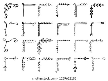 Hand drawn set of corner with different shapes: flourish, flower decoration. Isolated vector illustration for wedding, greeting banner design. Doodle sketch style. Corners drawn by brush-pen. 