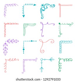Hand drawn set of corner with different shapes: flourish, flower decoration. Isolated vector illustration for wedding, greeting banner design. Doodle sketch style. Corners drawn by brush-pen. 