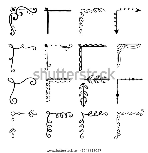 Hand drawn set of corner with different shapes:
flourish, flower decoration. Isolated vector illustration for
wedding, greeting banner design. Doodle sketch style. Corners drawn
by brush-pen. 