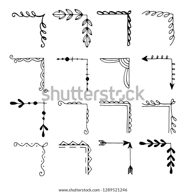 Hand drawn set of corner with different shapes:\
flourish, flower decoration. Isolated vector illustration for\
wedding, greeting banner design. Doodle sketch style. Corners drawn\
by brush-pen. 