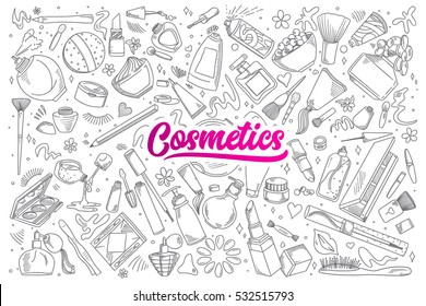 Hand drawn set of cosmetics doodles with lettering in vector