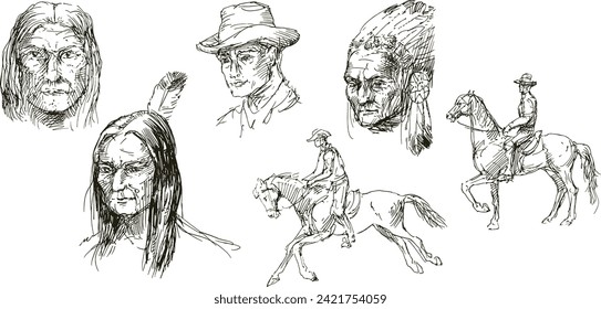 Hand drawn set of cowboys and Native American Indians