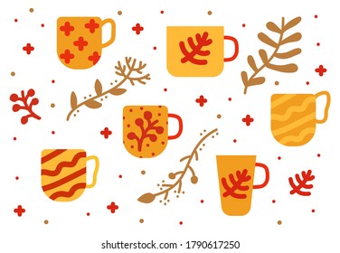 Hand drawn set of cozy cups for autumn evenings. Colored small and big cups with patterns on it. Autumn greeting card. Cartoon Vector illustration