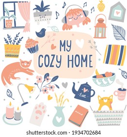 hand drawn set with cozy cute home items with cats home decor flowers on white background