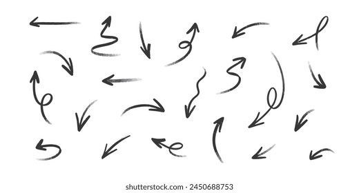 Hand drawn set crayon arrows. Doodle vector collection on white background.