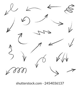 Hand drawn set crayon arrows. Doodle vector collection on white background.