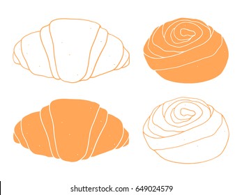 Hand drawn set of croissant and roll bun. Hand drawn bakery illustration 