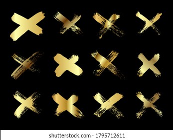 Conjunto de trazos dibujados a mano de pinceladas cruzadas. Colección de rayas de oro X. Símbolo gráfico de signo cruzado. Ilustración del vector