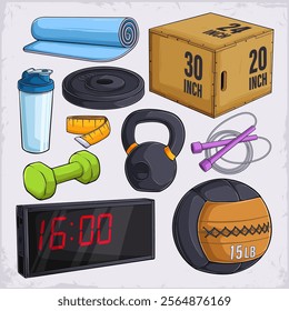 Hand drawn set of CrossFit equipment, jump box, timer, med ball , yoga mat, dumbbell, jump rope