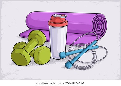 Hand drawn set of CrossFit fitness pack, bottle of water, yoga mat, neoprene dumbbells, jump rope