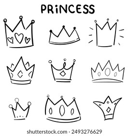 Hand drawn set crown vector ink illustration, kids print. Graffiti sketch and signs 