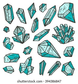 Hand drawn set of crystals and minerals. Hand drawn vector illustration for your design.