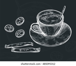 Hand Drawn set, Cup (mug) of hot drink (coffee, tea etc), oat cookies and packaging sugar on  dark background. vector 