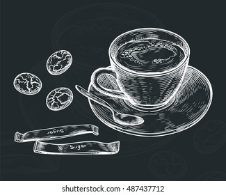 Hand Drawn set, Cup (mug) of hot drink (coffee, tea etc), oat cookies and packaging sugar on  dark background. vector 