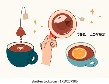 Hand drawn set with cup of tea with insription "tea lover"