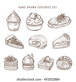 Hand drawn set of cupcakes and sweet bakery products. Retro vector vintage illustration in style of engraving.