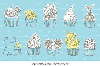 Conjunto dibujado a mano de la ilustración vectorial de cupcakes.