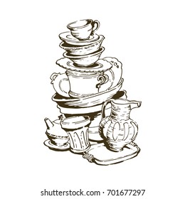Hand drawn set of cups, plate, jar, mugs, doodle, beautiful  contour. Pottery shop, sale. Vector illustration, isolated on white background.