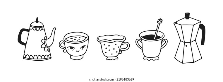 Hand drawn set of cups and teapots for a delicious breakfast. Cute doodle dish for hot drinks. Vector scribble illustration of geyser coffee maker, ceramic mugs and teapot isolated.