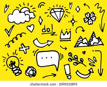hand drawn set of curly swishes, swashes, swoops. Abstract arrows, Arrow, heart, love, star, leaf, sun, light, flower, crown, king, queen, on doodle style for concept design. vector illustration.