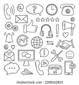 Conjunto de iconos de doodle de servicio al cliente dibujado a mano. Soporte al cliente, centro de llamadas con estilo de esbozo. Símbolos de línea directa: Teléfono, reloj, manos temblorosas, auriculares. Ilustración del vector aislada en fondo blanco