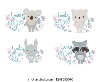 Hand Drawn set of cute animals on a background of a frame with flowers and the inscription - Lovely Day. Design print for t-shirt. Koala, cat, rabbit, raccoon. Vector Illustration. 