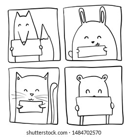 Hand drawn set of cute animals in tiles