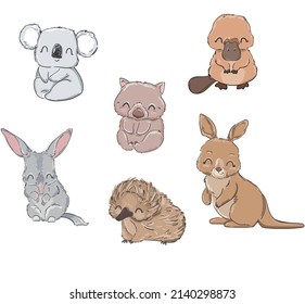 Hand drawn Set of cute animals Australia vector illustration Kangaroo, Wombat, koala, Bilby, Echidna, Platypus 