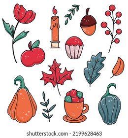Hand drawn set cute autumn and winter attributes. Berries, flower, cupcake, coffee with marshmallows, candle, apple, acorn and foliage. Cartoon elements for creating cozy designs vector illustration