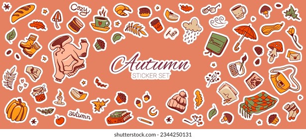 Hand drawn set of cute autumn doodle illustration: rubber boots, book, cup of tea, sweater, umbrella, pie, apple, mushrooms, leaves, flowers etc. Isolated icons with fall, vector sticker collection
