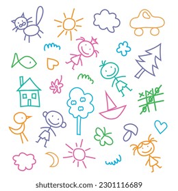 Hand drawn set of cute baby doodles. Design idea for children's drawings. Vector color illustration of Doodle cute for kid.