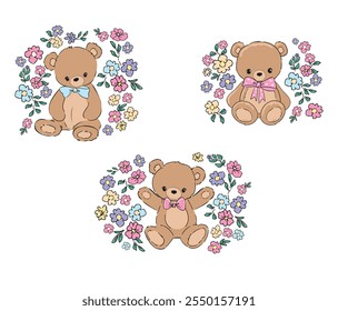 Mão desenhada definir urso bonito com flores moda crianças impressão Design Vetor ilustração 