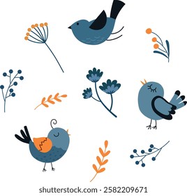 Hand drawn set of cute birds, flowers, leaves and twigs. Spring elements in hygge style. Flat doodle illustration in blue colours