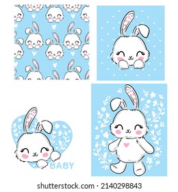 Hand Drawn Set Cute Bunny, print design rabbit, children print on t-shirt.