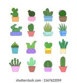 Hand drawn set of cute cactus in pot, Cartoon doodle style, Can be used for wrapping paper, scrapbook, web site background, greeting cards, invitation, stationery.